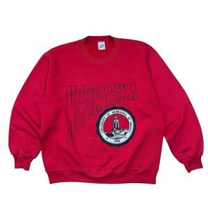 Vintage 90s Nebraska XL Red Spellout Crewneck Sweatshirt VTG Jerzees Made In USA